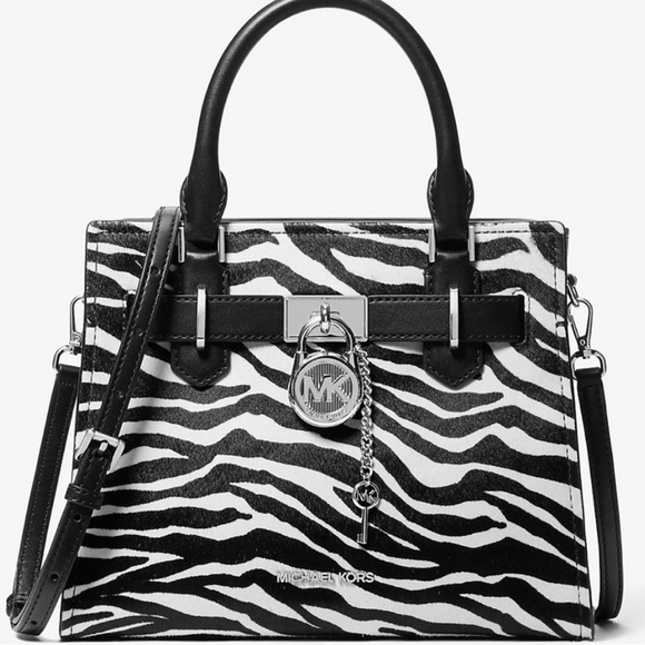 Michael Kors Hamilton Small Zebra Print Calf Hair Satchel Bag Black Multi - Picture 1 of 9